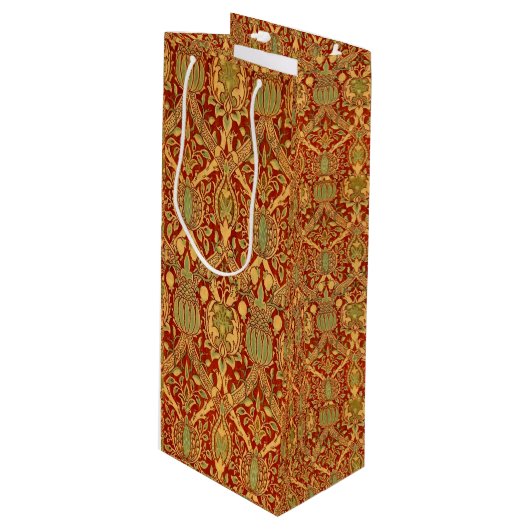  William Morris Pattern Red Turquoise Gold Wijn Cadeautas (Voorkant Gekanteld)