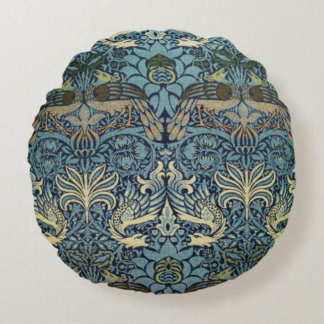 William Morris Pauw en Draak Geweven Ontwerp Rond Kussen (Voorkant)