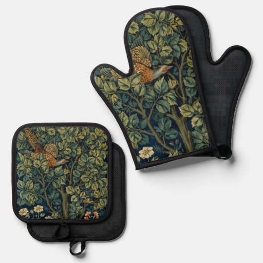 William Morris Pheasant Bird Tree Woodland Ovenwant & Pannenlap Set (Voorkant / Achterkant)