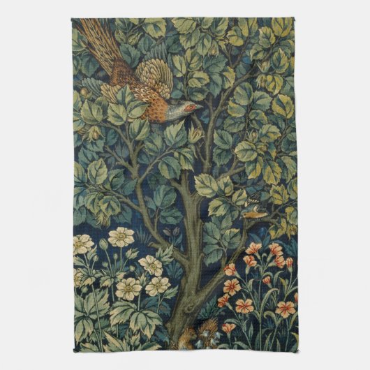 William Morris Pheasant Bird Tree Woodland Theedoek (Verticaal)