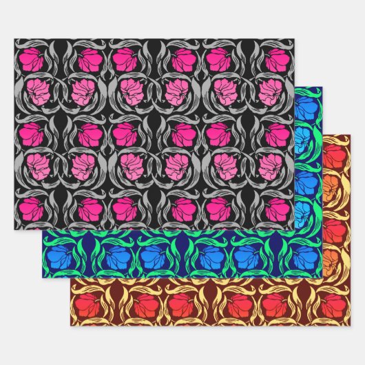 William Morris Pimpernel, Fuchsia, Blue, Brown Inpakpapier Vel (Set)