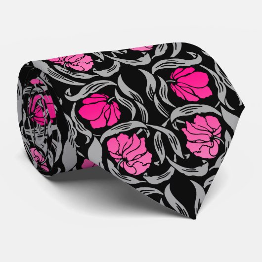 William Morris Pimpernel, Fuchsia Pink en Black Stropdas (Opgerold)