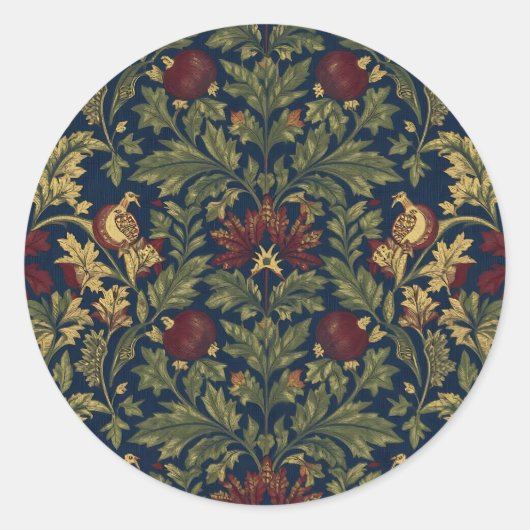 William Morris Pomegranate Floral Navy Pattern Ronde Sticker (Voorkant)