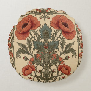 William Morris Poppies Art Nouveau bloempatroon Rond Kussen