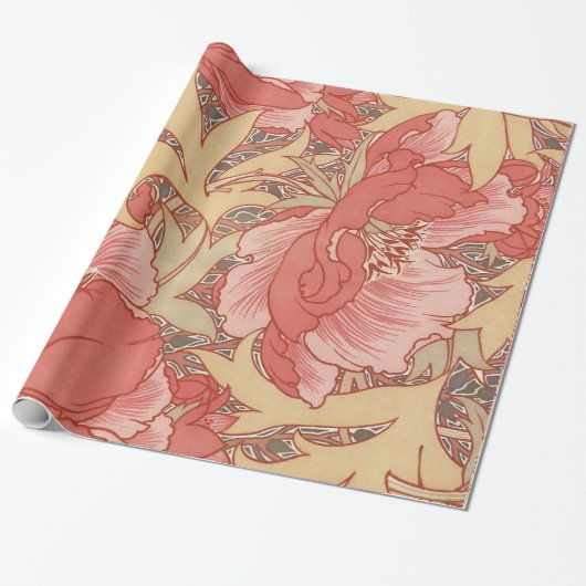 William Morris Poppies Floral Art Nouveau Pattern Cadeaupapier (Uitgerold)