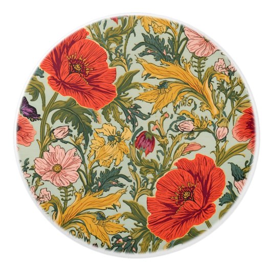 William Morris Poppies Floral Art Nouveau Pattern Keramische Knop (Voorkant)