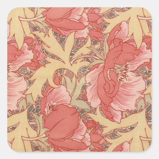 William Morris Poppies Floral Art Nouveau Pattern Vierkante Sticker (Voorkant)