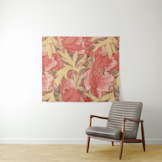 William Morris Poppies Floral Art Nouveau Pattern Wandkleed (In Situ (horizontaal))