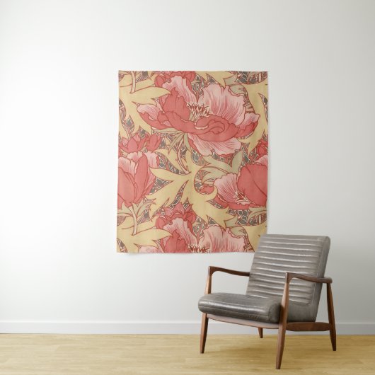 William Morris Poppies Floral Art Nouveau Pattern Wandkleed (In situ)