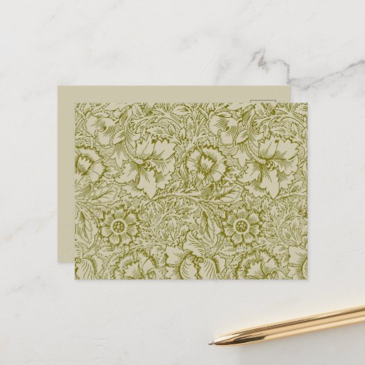 William Morris Poppy Classic Floral Green Briefkaart (Voorkant / Achterkant in situ)