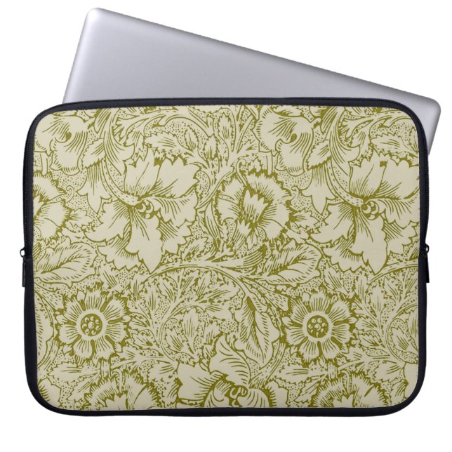 William Morris Poppy Classic Floral Green Laptop Sleeve (Voorkant)