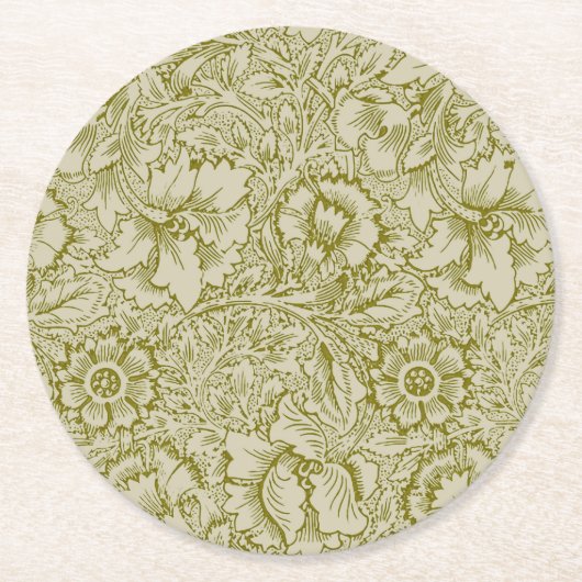 William Morris Poppy Classic Floral Green Ronde Kartonnen Onderzetter (Voorkant)