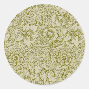 William Morris Poppy Classic Floral Green Ronde Sticker
