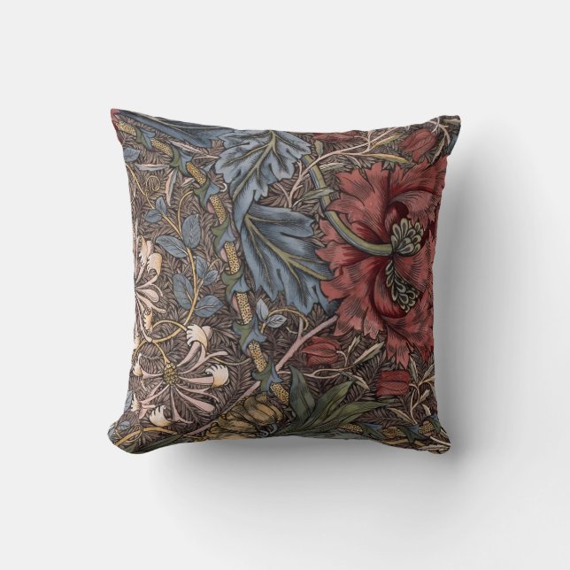  William Morris Red Flower Acanthus Foliage Kussen (Voorkant)