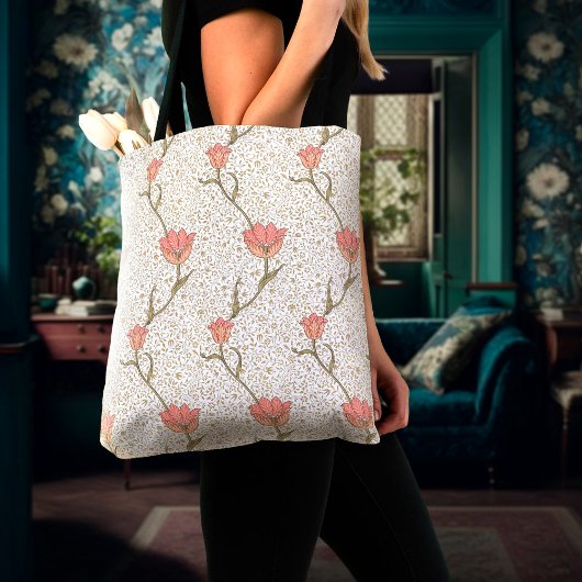 William Morris Red Garden Tulip Floral Pattern Tote Bag