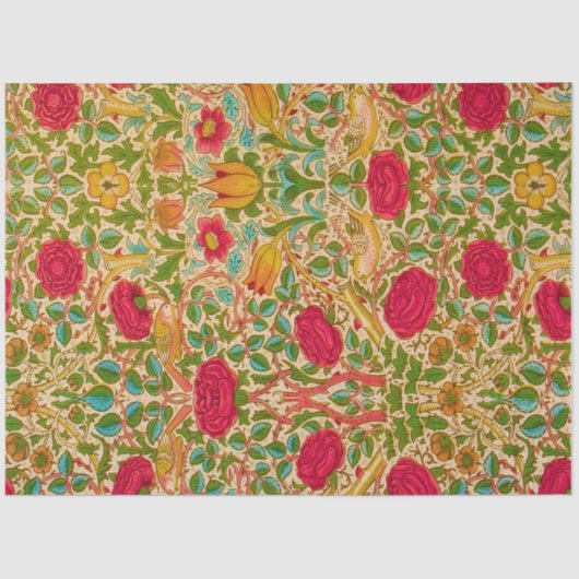 William Morris Red Gold Blue Green Birds Floral Tissuepapier (Voorkant)