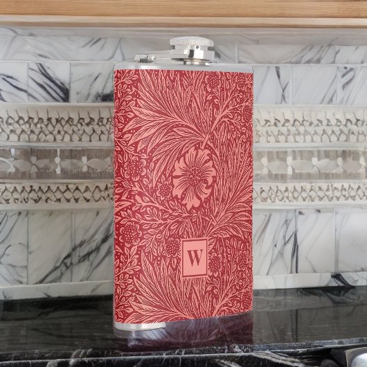 William Morris Red Marigold Pattern met Initiaal Heupfles