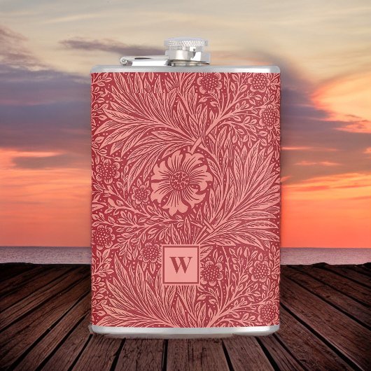 William Morris Red Marigold Pattern met Initiaal Heupfles