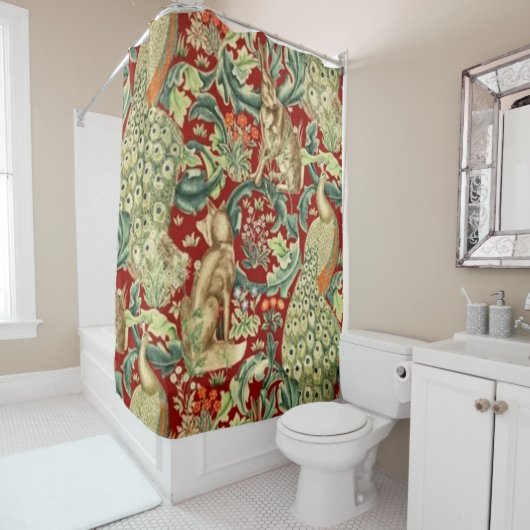 William Morris Red Pattern Forest Douchegordijn (In situ)
