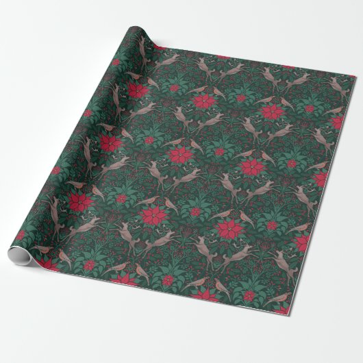 William Morris Rendier Kerst Damast Cadeaupapier (Uitgerold)