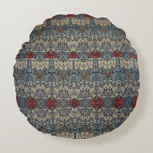 William Morris  Rode Bloemen Tulp en Roos Rond Kussen (Voorkant)