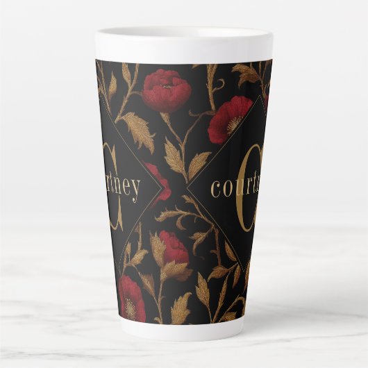 William Morris Rood Goud Klaproos Monogram Recept Latte Mok (Voorkant)