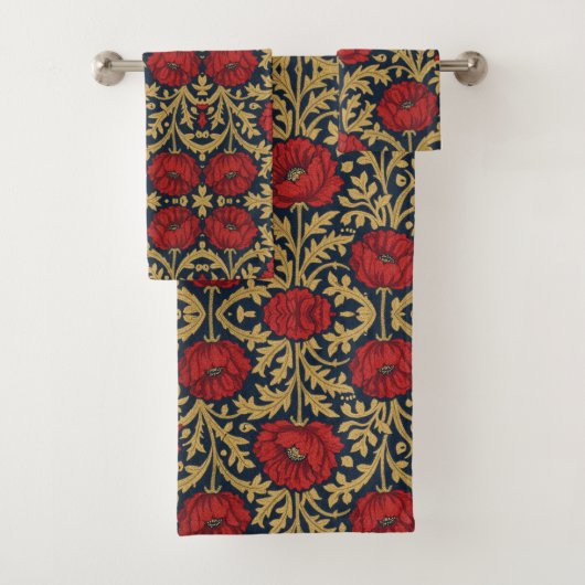 William Morris Rood Gouden Klaprozen Bloempatroon  Bad Handdoek (Insitu)