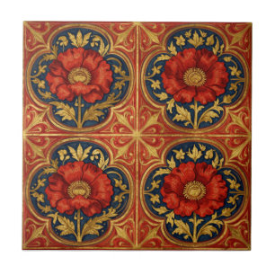 William Morris Rood Gouden Klaprozen geometrisch B Tegeltje