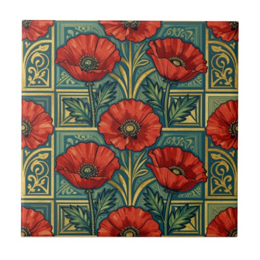 William Morris Rood Gouden Klaprozen geometrisch B Tegeltje (Voorkant)