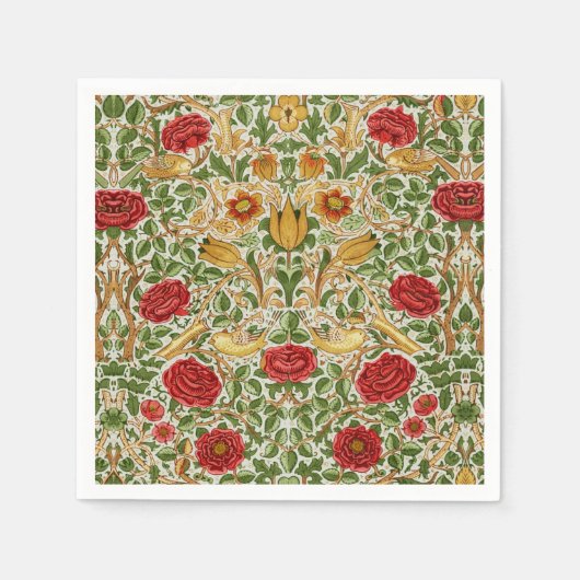 William Morris Roos & Birds Chintz Rood Servet (Voorkant)