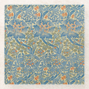 William Morris Roos en Distel Bloemmotief Blauw Glazen Onderzetter