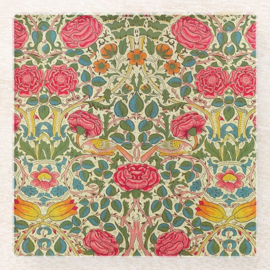 William Morris Roos Floral Chintz Pink Glazen Onderzetter (Voorkant)