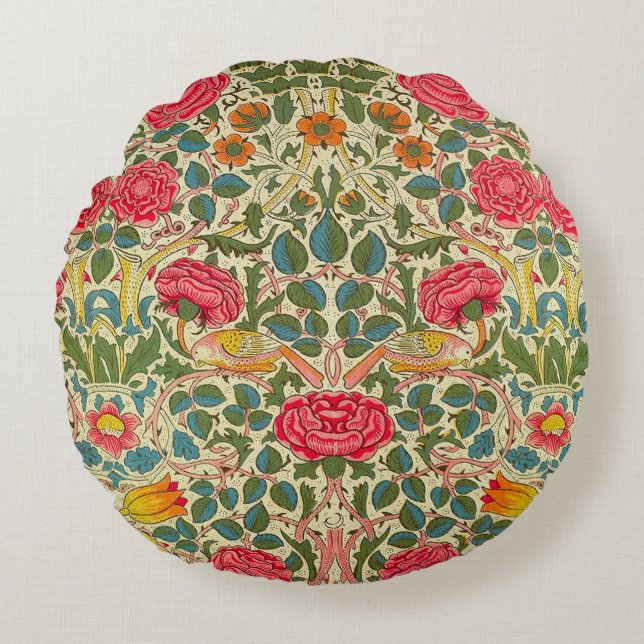 William Morris Roos Floral Chintz Pink Rond Kussen (Voorkant)