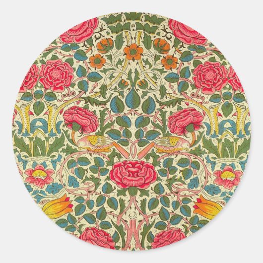 William Morris Roos Floral Chintz Pink Ronde Sticker (Voorkant)