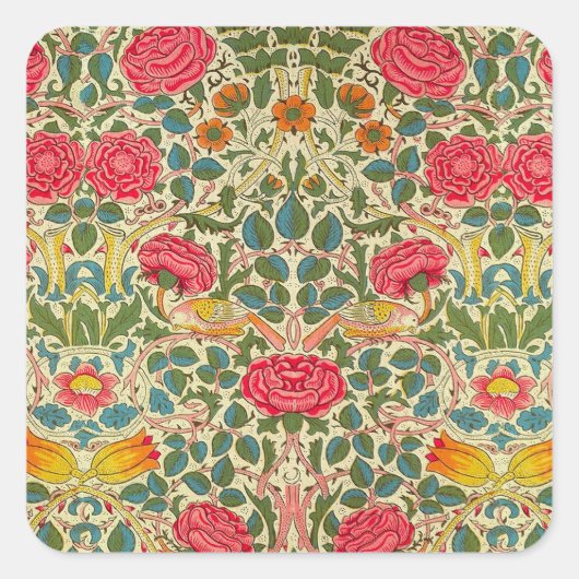 William Morris Roos Floral Chintz Pink Vierkante Sticker (Voorkant)