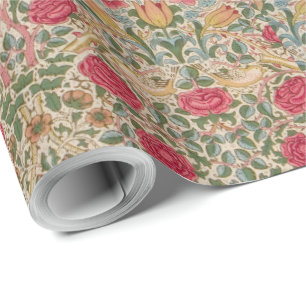 William Morris Roos Pink Yellow Bird Flor Cadeaupapier