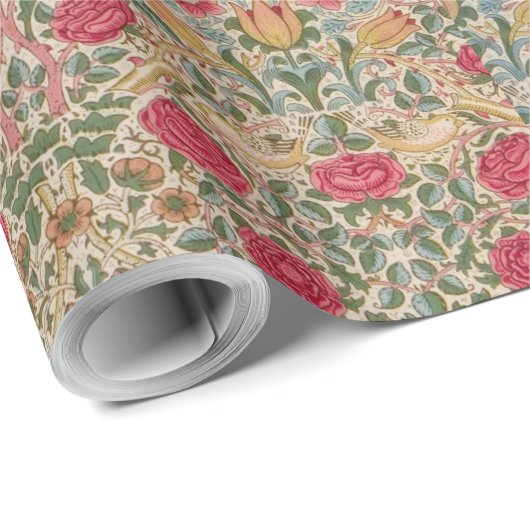 William Morris Roos Pink Yellow Bird Flor Cadeaupapier (Rol Hoek)