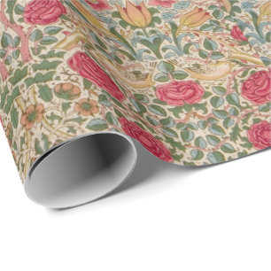 William Morris Roos Pink Yellow Bird Flor Cadeaupapier