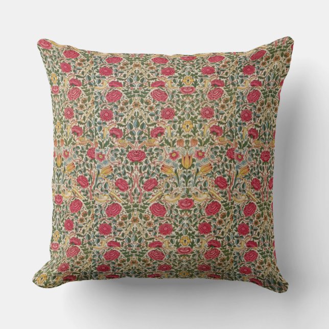  William Morris Roos Pink Yellow Bird Flor Kussen (Voorkant)