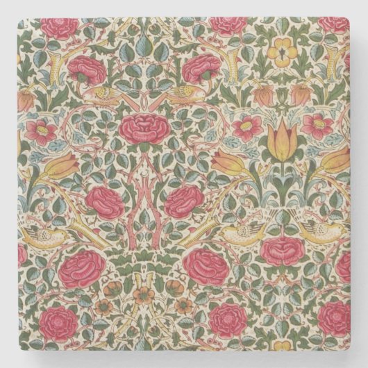  William Morris Roos Pink Yellow Bird Flora Stenen Onderzetter (Voorkant)