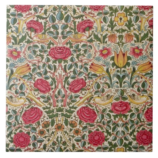  William Morris Roos Pink Yellow Bird Flora Tegeltje (Voorkant)