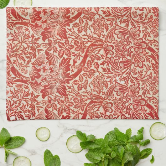 William Morris Roos & Thistle Bloemen Rood Theedoek (Gevouwen)