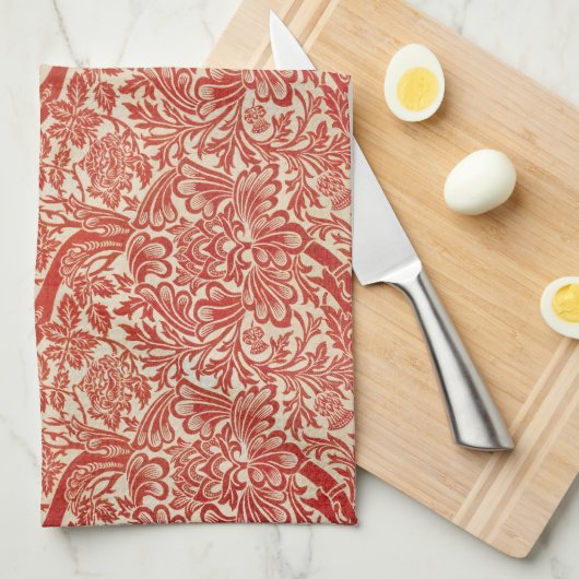 William Morris Roos & Thistle Bloemen Rood Theedoek (Quarter Fold)