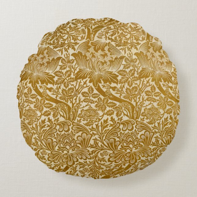 William Morris Roos & Thistle Floral Golden Rond Kussen (Voorkant)