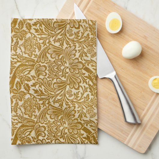 William Morris Roos & Thistle Floral Golden Theedoek (Quarter Fold)