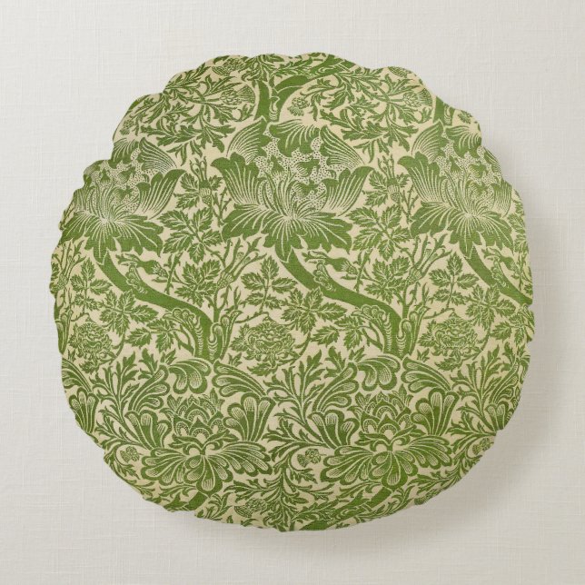 William Morris Roos & Thistle Floral Green Rond Kussen (Voorkant)