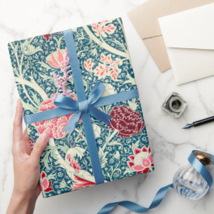 William Morris Roze Goud Groen Blauw Bloempatroon Cadeaupapier
