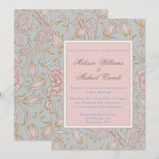 William Morris, Roze Wild Tulpen Zacht Blauw Bruil Kaart (Voorkant / Achterkant)