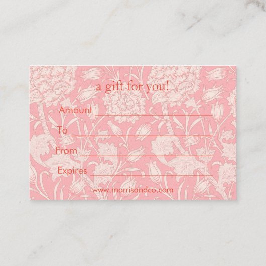 William Morris - Roze Wilde Tulips Gift Certificat Visitekaartje (Achterkant)