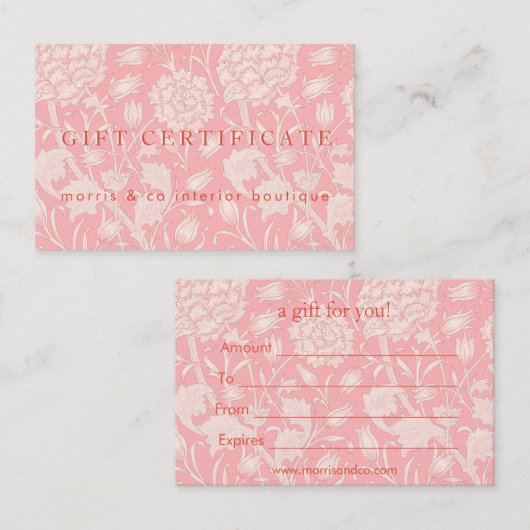 William Morris - Roze Wilde Tulips Gift Certificat Visitekaartje (Voorkant / Achterkant)